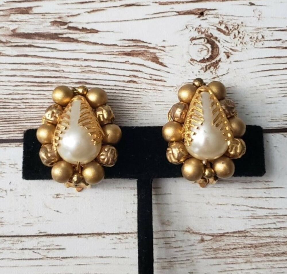 Vintage Clip On Earrings - Unusual Teardrop Shape Faux Pearl & Gold Tone